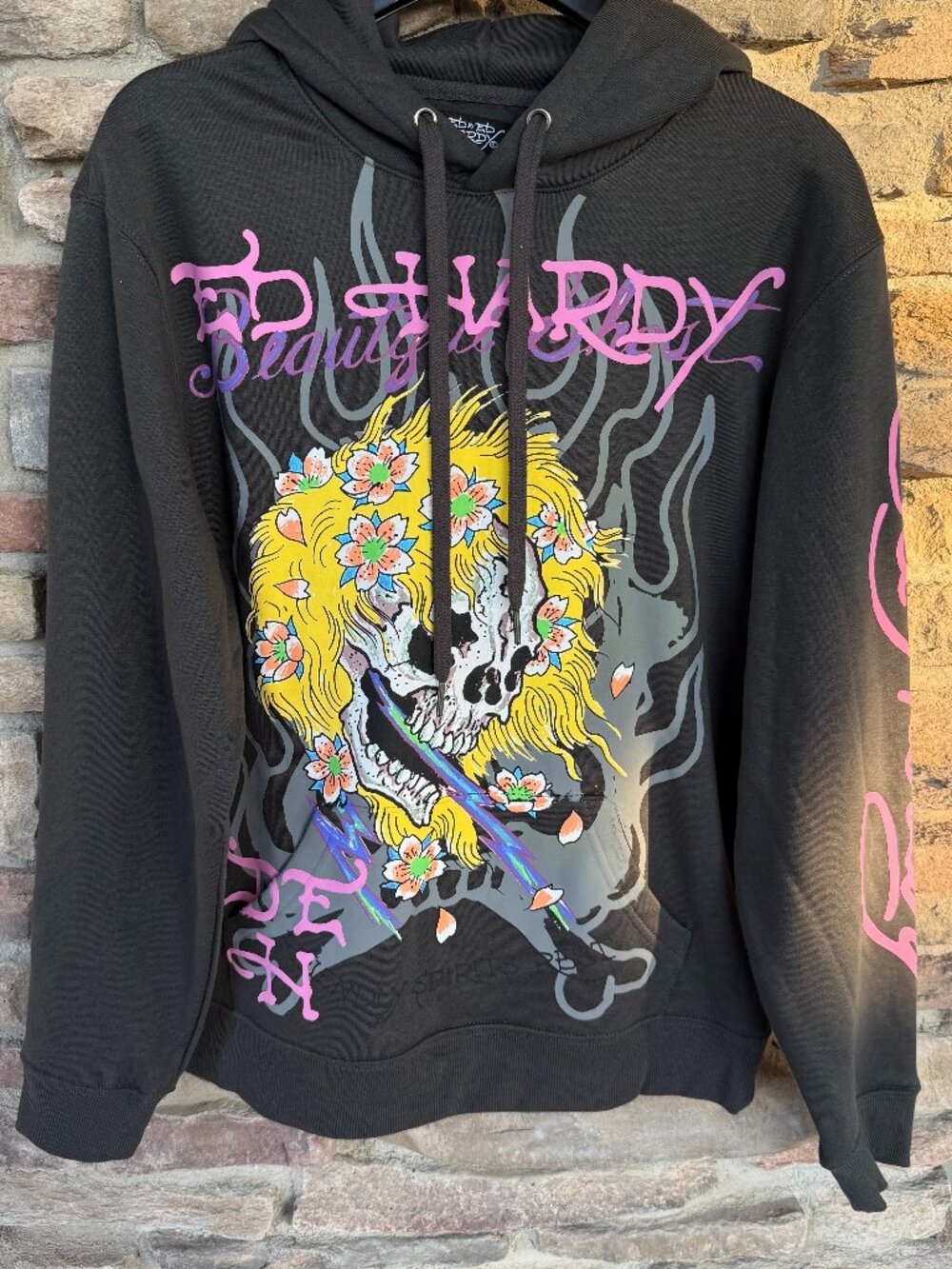 Ed Hardy Men's Pullover Hoodie Graphic Print Skull Medium Charcoal NWT